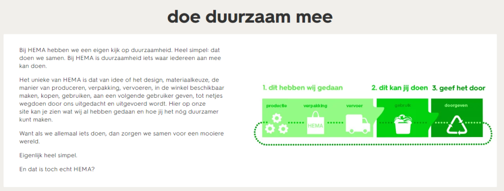 Hema draagt bij aan duurzaamheid en vertelt daarover op website.