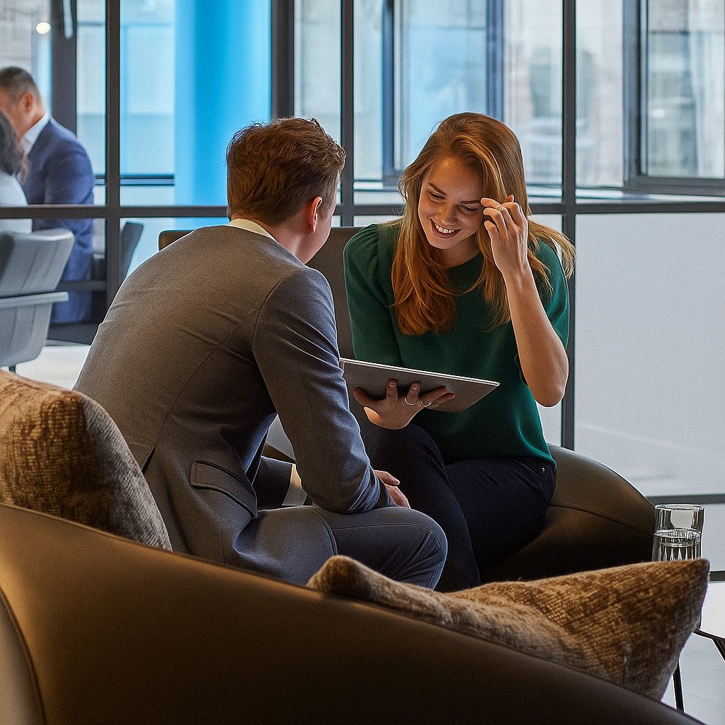 Twee collega’s zitten in een moderne kantoorruimte in gesprek, waarbij de vrouw een tablet vasthoudt en glimlacht.