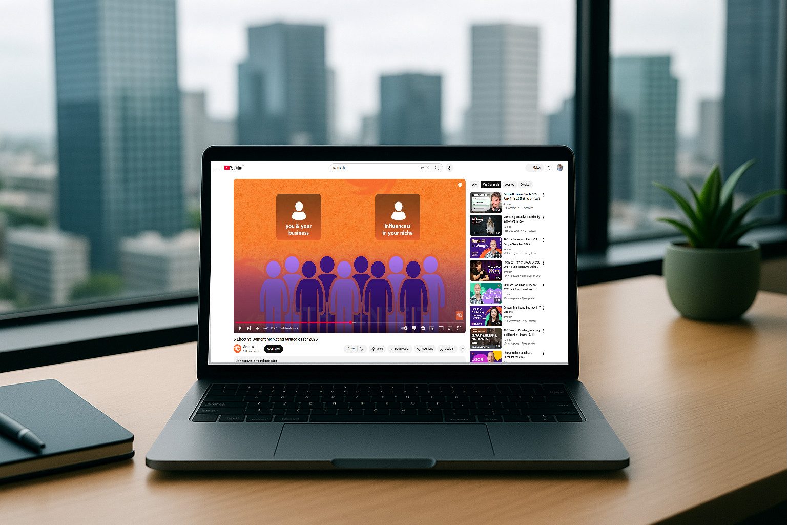 laptop op een bureau met youtube open op het scherm