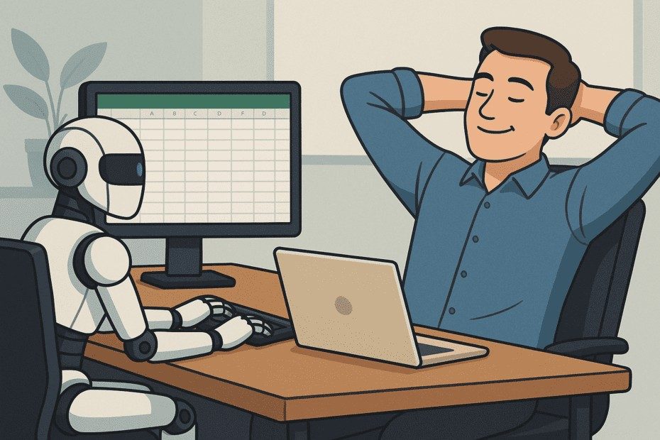 Robot die aan het werk is op een computer en naar Excel kijkt, terwijl een mens achterover leunt.