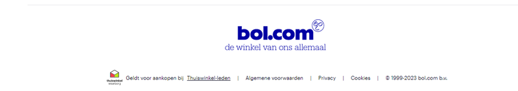 Screenshot van de footer van Bol.com met keurmerken van Thuiswinkel.nl