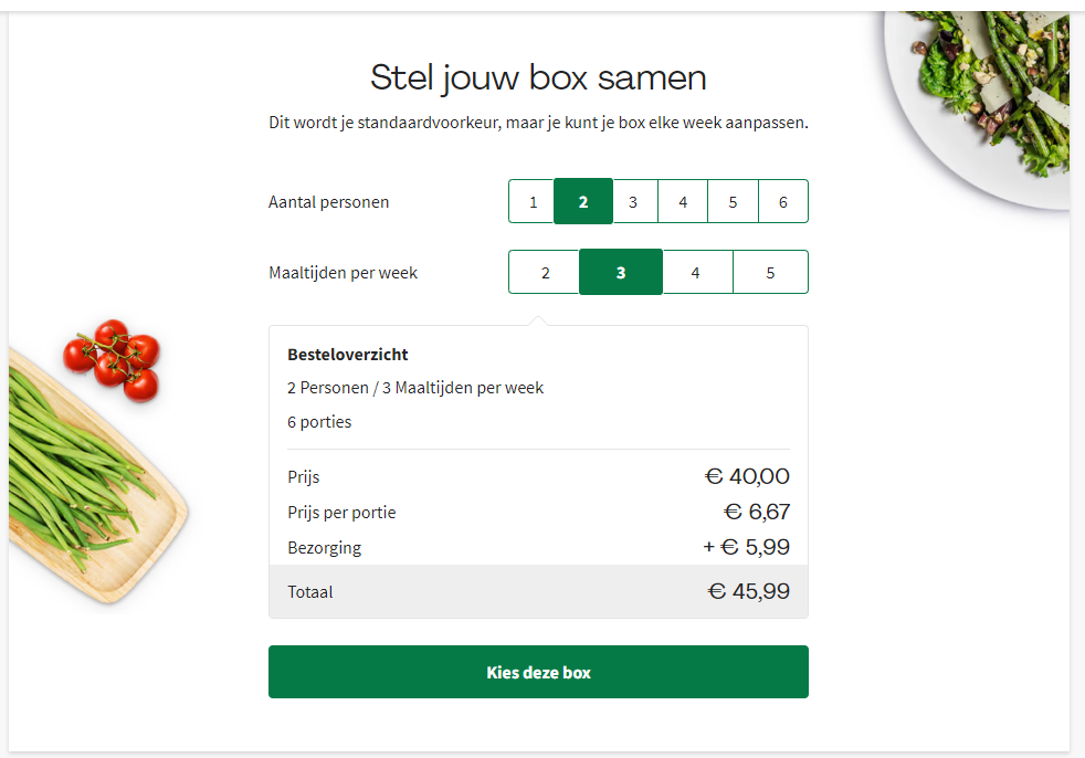 Voorbeeld commitment en consistentie 2 step form, stap 1 op hellofresh.nl