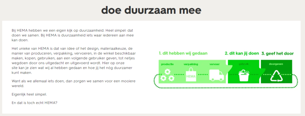 Hema draagt bij aan duurzaamheid en vertelt daarover op website. 