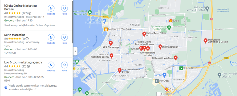 screenshot van Google Maps, Online Marketing Bureau Lelystad