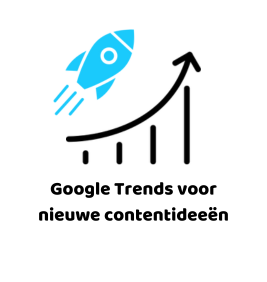 Een stijgende grafiek met een blauwe raket die opstijgt en de tekst Google Trends voor nieuwe contentideeën